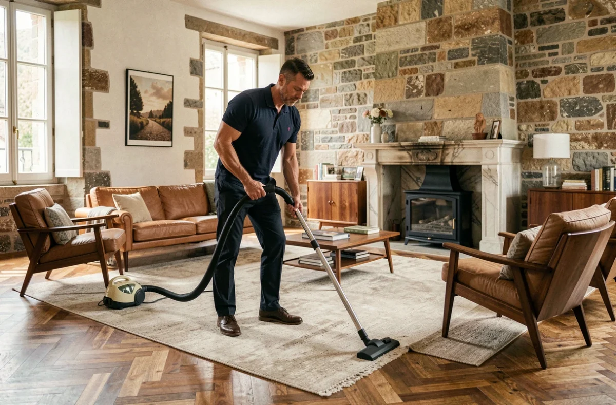 Agent d'entretien passant l'aspirateur dans un salon avec parquet et pierres apparentes à Bordeaux