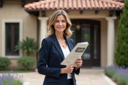 Agente immobilière tenant une brochure devant une villa méditerranéenne avec jardin soigné et portail en fer forgé
