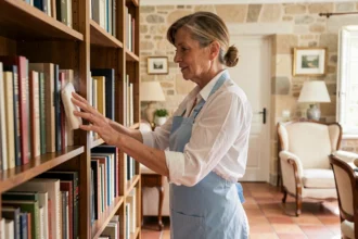 Aide ménagère professionnelle époussetant une bibliothèque dans un salon de style maison provençale à Carcassonne