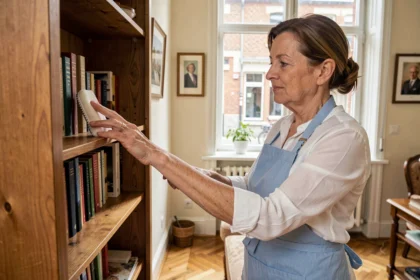 Aide ménagère en tablier bleu époussetant une bibliothèque en bois dans un salon roubaisian typique