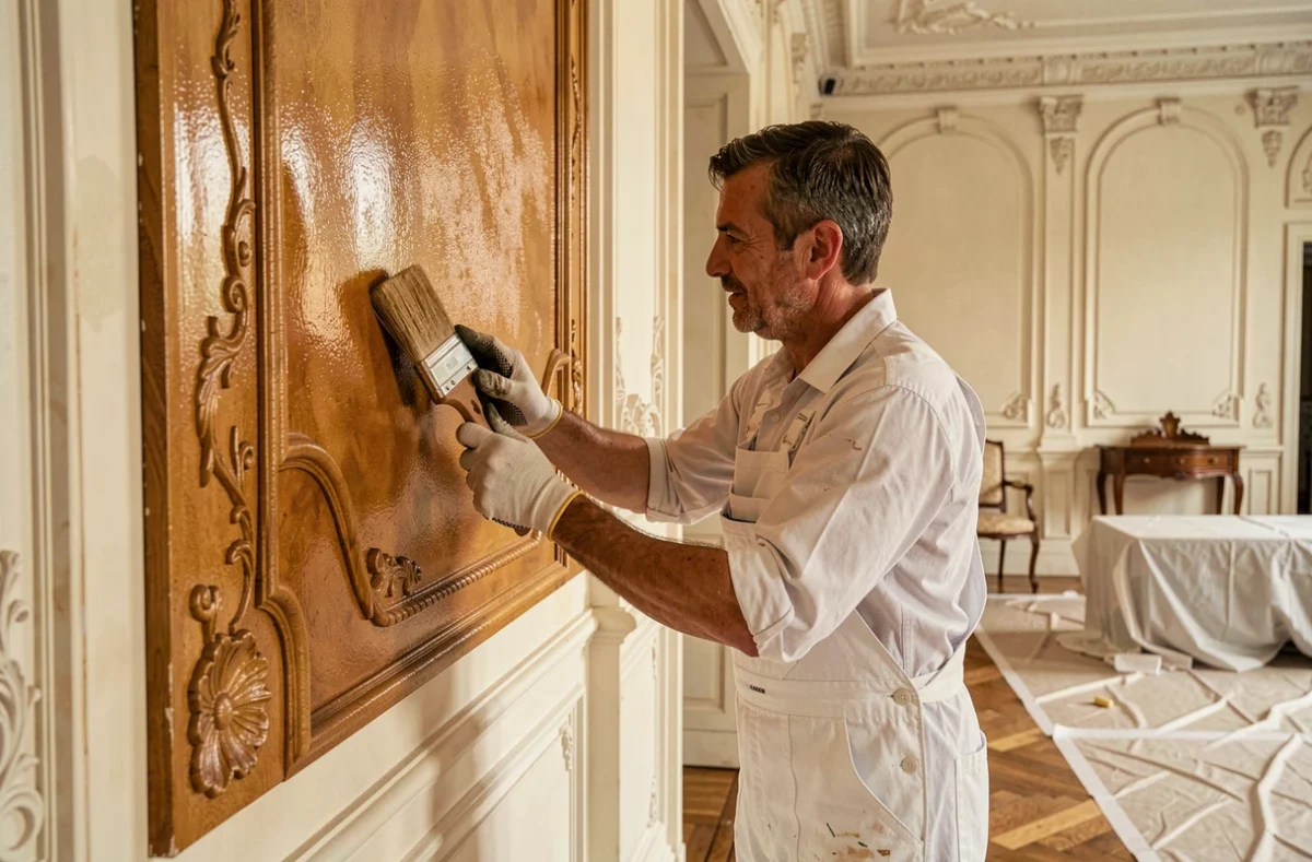 Peintre A.R.Bres appliquant une finition décorative sur un panneau mural d'une demeure de caractère en Essonne