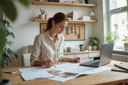 Architecte d'intérieur consultant un site de bricolage en ligne avec des échantillons de matériaux sur son bureau