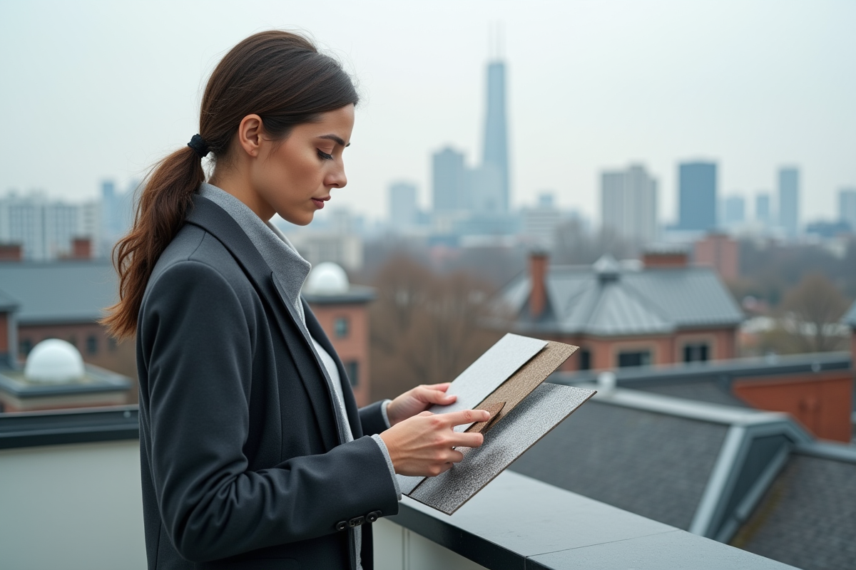 Architecte femme examinant des échantillons de matériaux de toiture