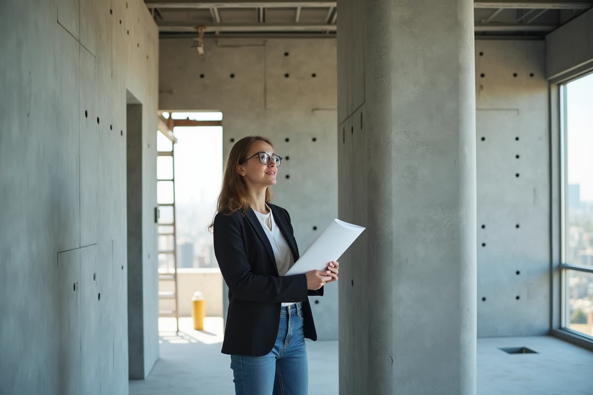 Jeune architecte examine un mur en béton dans un bâtiment moderne