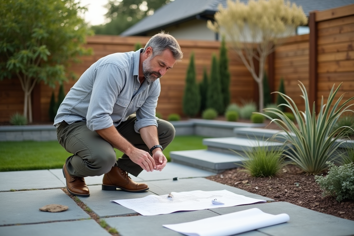 Paysagiste homme examinant un patio neuf dans un jardin moderne