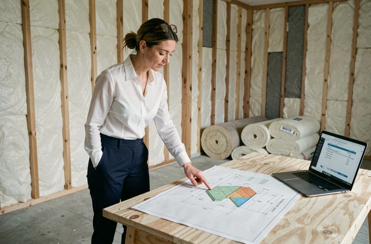 Architecte analysant les plans d'isolation thermique intérieure conforme à la réglementation RE 2026 dans un chantier de rénovation résidentielle