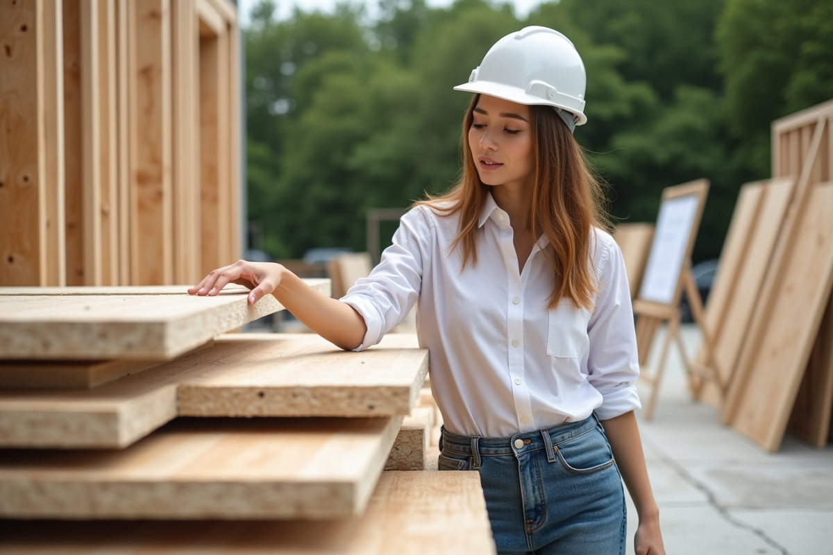 Jeune architecte examinant des panneaux de construction écologiques