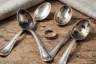 Cuillères en argent noircies par l'oxydation posées sur une surface en bois rustique, illustrant le ternissement naturel de l'argent