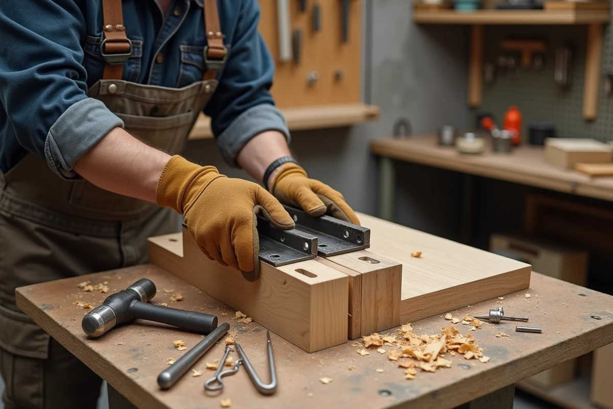Artisan installant un gond en acier sur une porte de grange en chêne brut dans un atelier de menuiserie