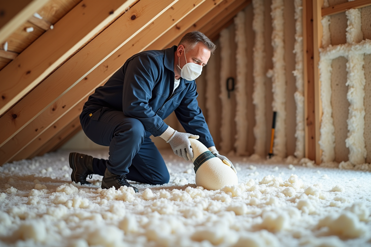Artisan en tenue de travail appliquant de l'isolation en cellulose dans un grenier