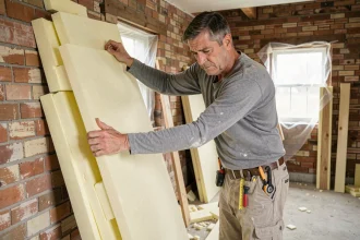 Artisan posant des panneaux d'isolation thermique intérieure en mousse rigide sur un mur en brique dans une maison en rénovation, conformément aux exigences RE 2026