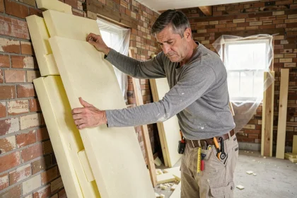 Artisan posant des panneaux d'isolation thermique intérieure en mousse rigide sur un mur en brique dans une maison en rénovation, conformément aux exigences RE 2026
