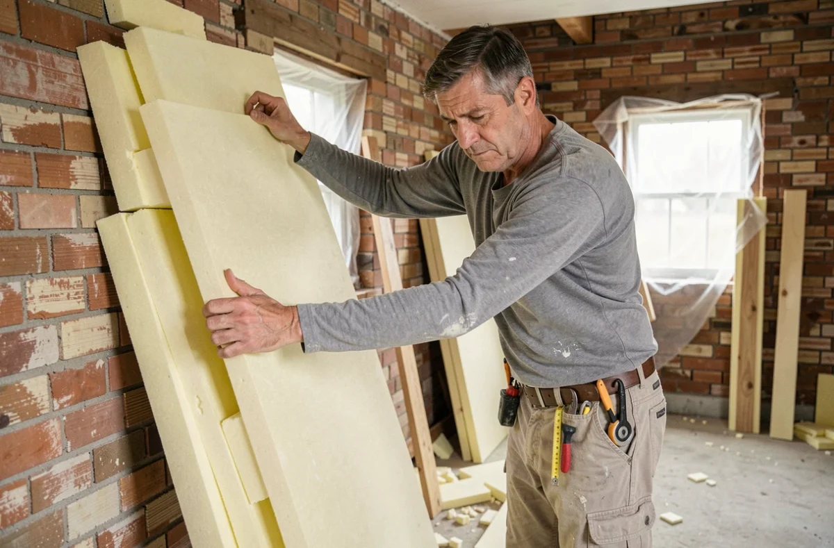 Artisan posant des panneaux d'isolation thermique intérieure en mousse rigide sur un mur en brique dans une maison en rénovation, conformément aux exigences RE 2026