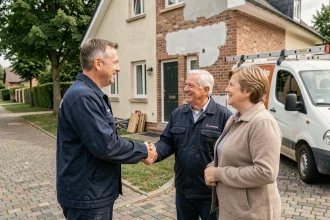 Artisan local professionnel serrant la main de propriétaires devant une maison en rénovation en France