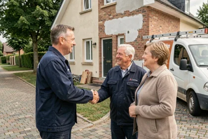 Artisan local professionnel serrant la main de propriétaires devant une maison en rénovation en France