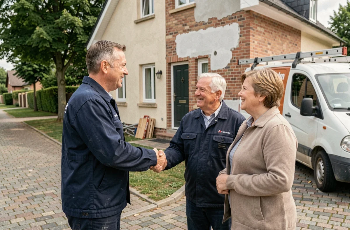 Artisan local professionnel serrant la main de propriétaires devant une maison en rénovation en France