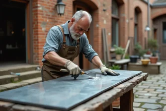 Artisan appliquant une patine sur une feuille de zinc posée sur un établi en bois dans une cour pavée extérieure