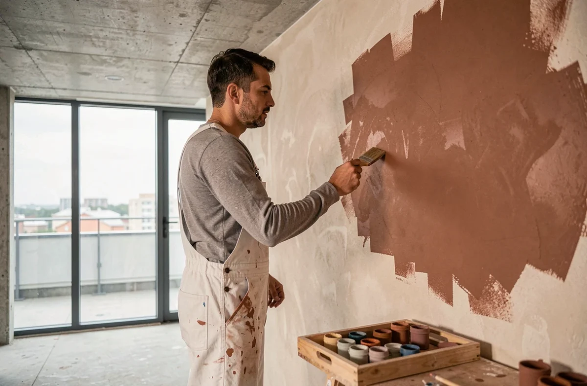 Artisan peintre appliquant une teinte terracotta haut de gamme sur un mur d'appartement moderne en cours de rénovation