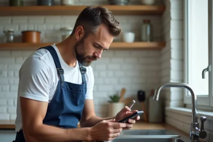 Artisan plombier examinant des canalisations dans une cuisine moderne avec smartphone en main