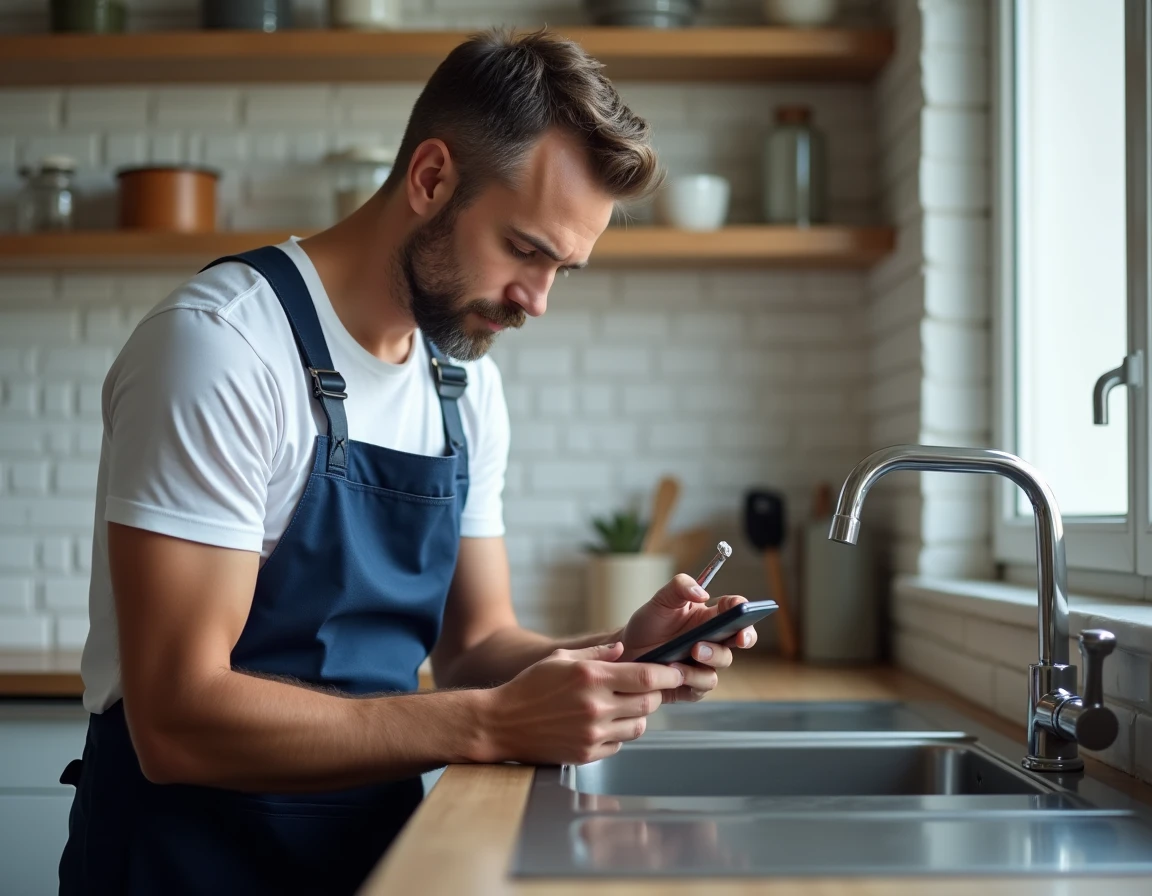 Artisan plombier examinant des canalisations dans une cuisine moderne avec smartphone en main