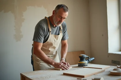 Artisan ponçant un enduit de finition mural avec un bloc de ponçage et du papier abrasif grain fin sur un chantier de rénovation intérieure