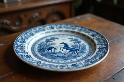 Gros plan sur une assiette de Moustiers ancienne en faïence bleue et blanche aux décors de chasse, posée sur une table en chêne dans une salle des ventes