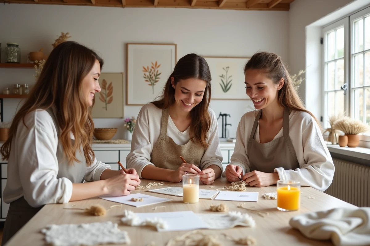 Groupe de femmes participant à un atelier DIY bougies en studio dans une ambiance hygge chaleureuse
