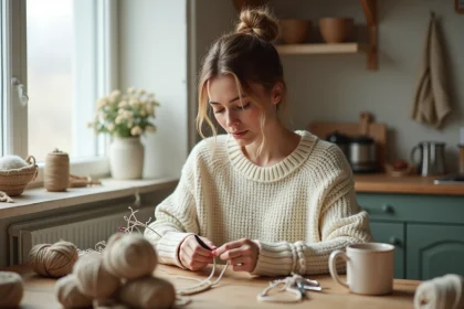 Femme réalisant un atelier DIY macramé à la maison dans un intérieur cosy de style hygge