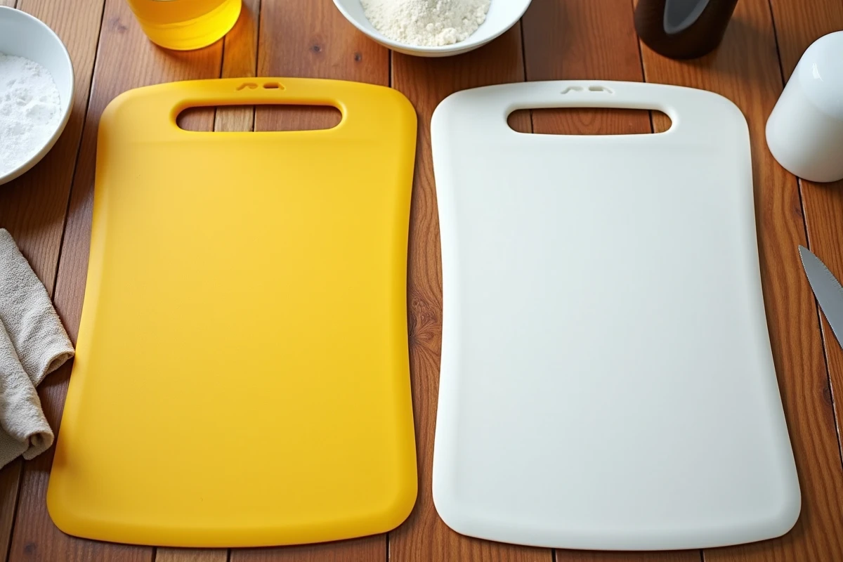 Comparaison avant-après de deux planches à découper en plastique, l'une jaunie et l'autre blanchie au bicarbonate de soude sur une table en bois