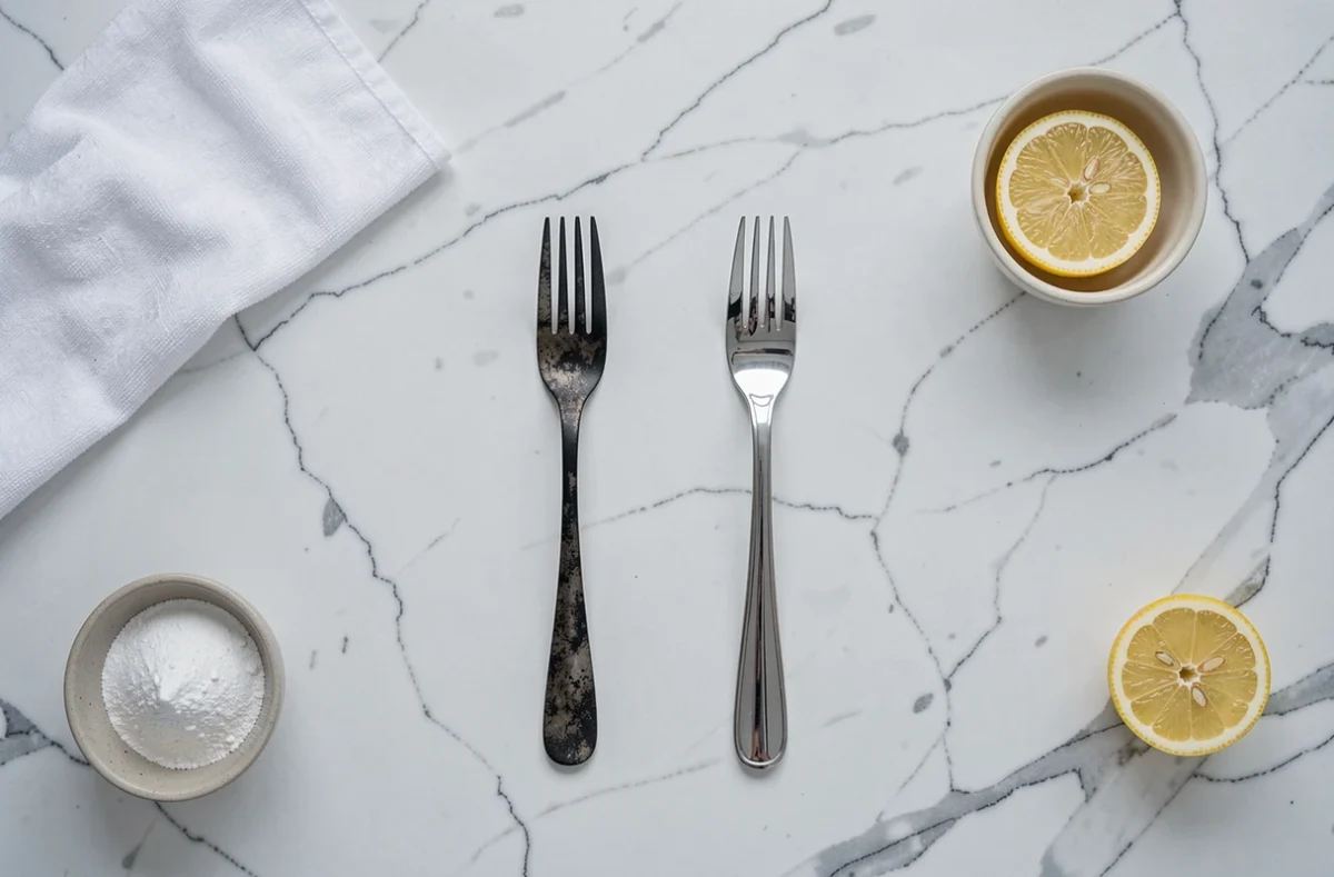 Comparaison avant-après du nettoyage de fourchettes en argent, avec produits naturels comme le citron et la poudre blanche sur marbre