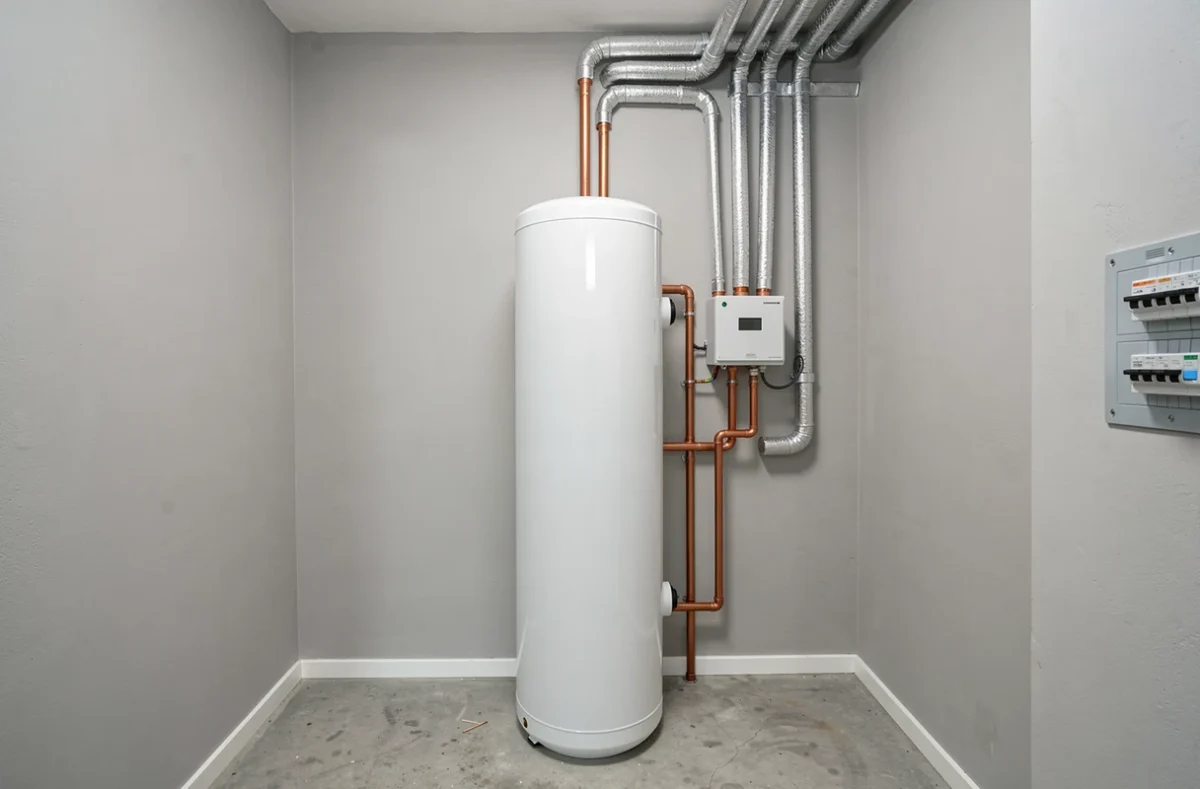 Ballon de stockage solaire thermique installé dans une buanderie résidentielle avec raccordements en cuivre et régulateur électronique