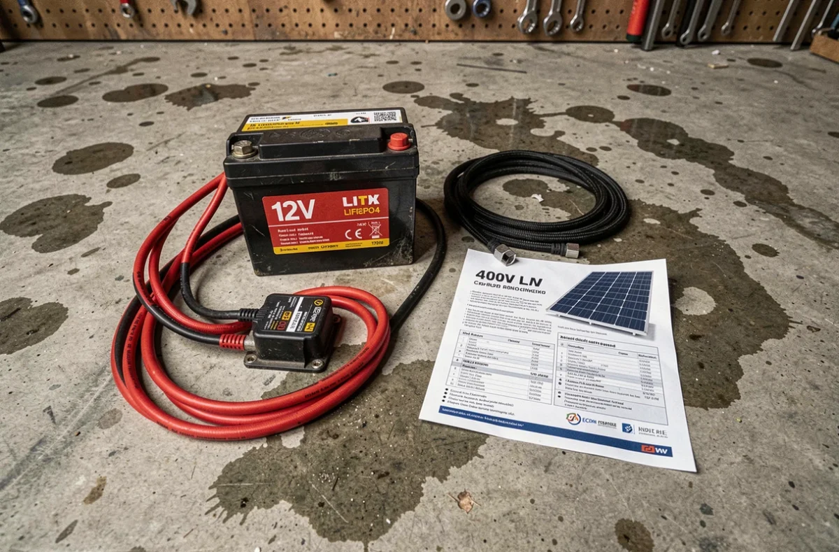 Batterie lithium LiFePO4 12V posée au sol avec câbles et contrôleur de charge pour panneau solaire 400W