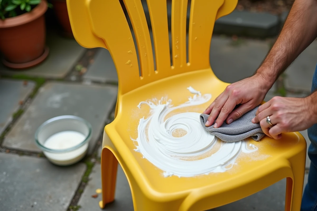 Application d'une pâte blanchissante sur une chaise en plastique jauni sur une terrasse extérieure