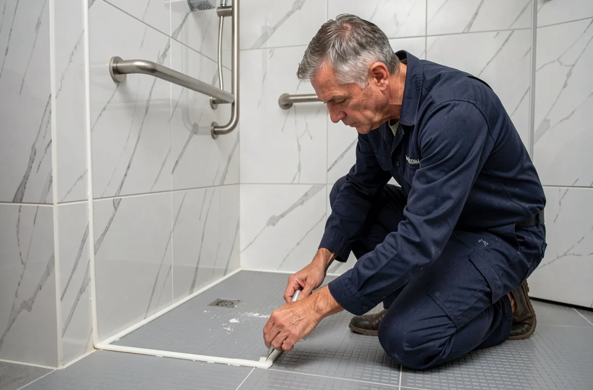 Technicien installant une douche sénior à accès facilité avec barre d'appui et receveur extra-plat dans une salle de bain Morbihan