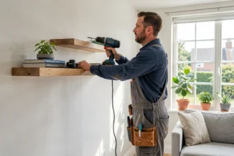 Bricoleur fixant une étagère en bois au mur d'un salon