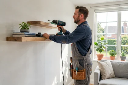 Bricoleur fixant une étagère en bois au mur d'un salon