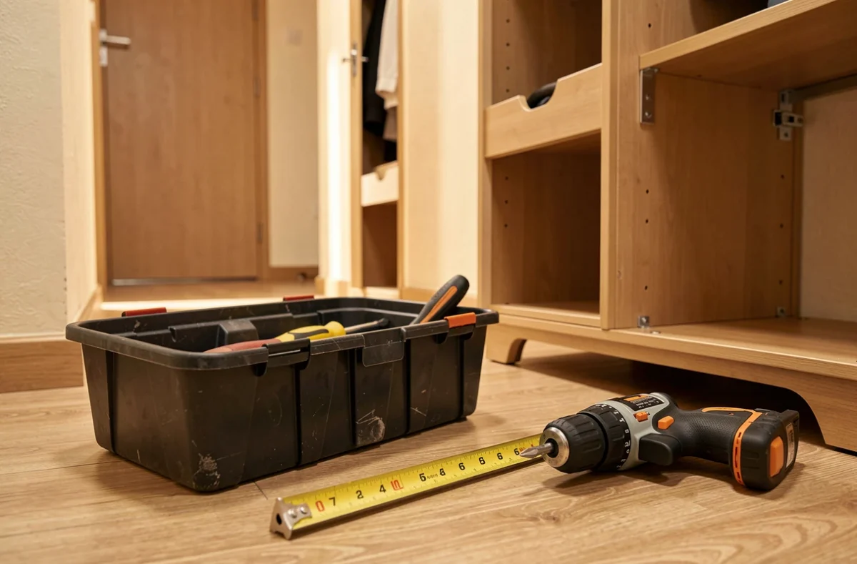 Caisse à outils posée près d'une armoire en cours de montage