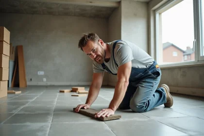 Carreleur en action sur un sol en rénovation
