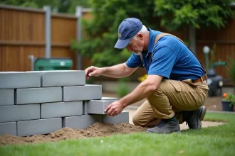Maçon middleaged posant des blocs de béton gris pour un mur de jardin