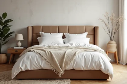 Chambre parentale chaleureuse avec tête de lit en lin taupe, draps blancs et plaid en laine tricotée ivoire sur un parquet en chêne clair
