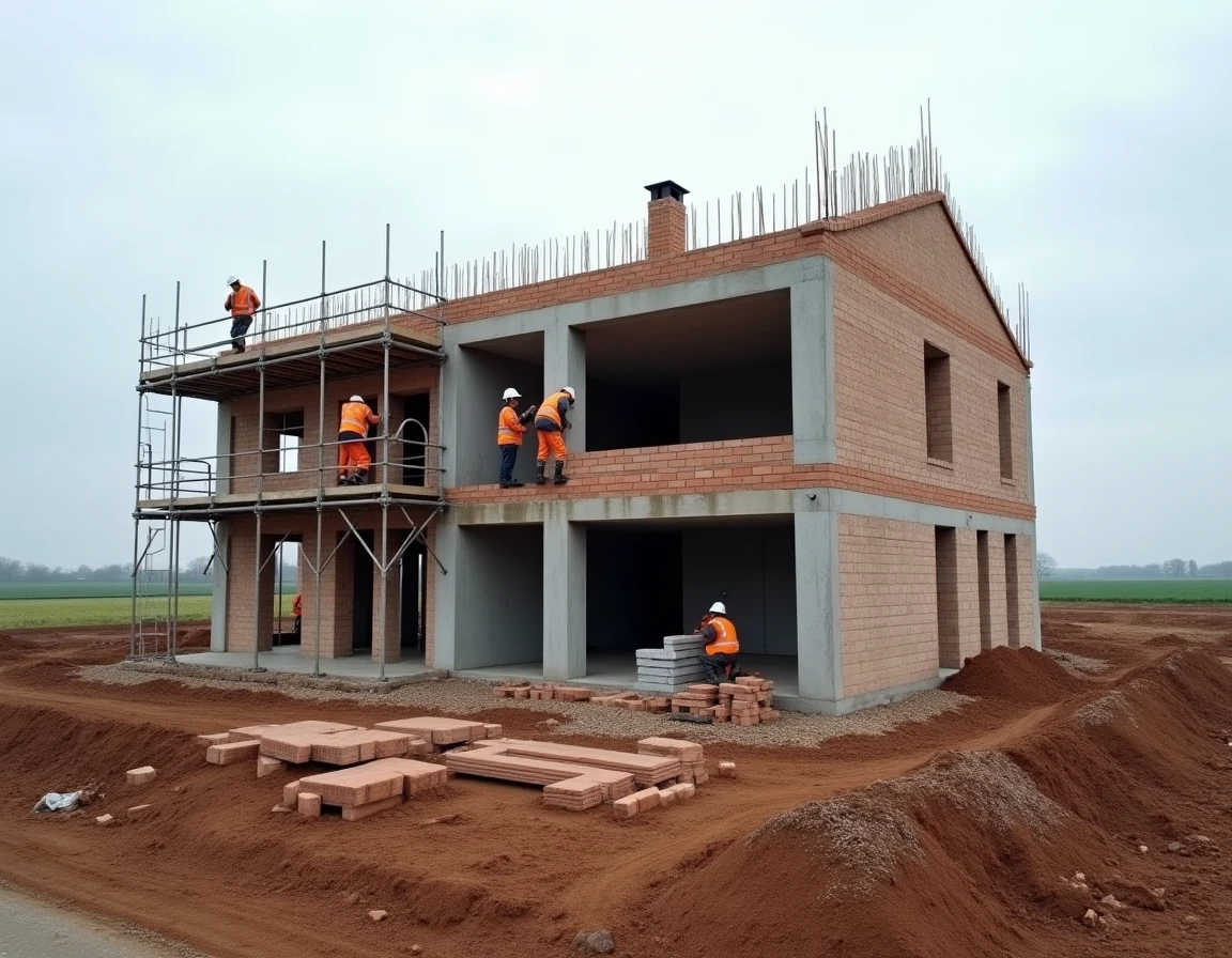 Chantier de construction d'une maison individuelle en briques dans la région de Douai, ouvriers en gilets haute visibilité posant les murs