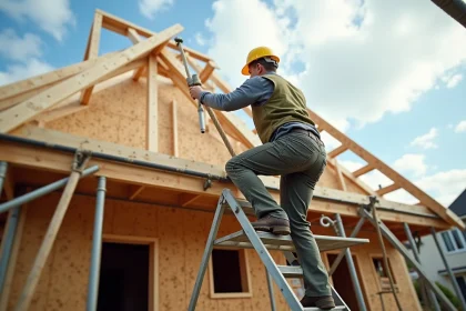 Charpentier professionnel installant des fermettes en bois sur une maison de 100m2 en construction
