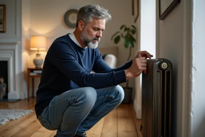 Homme d age ajustant un radiateur en fonte dans un salon chaleureux