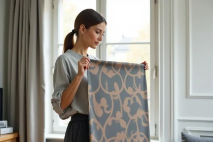 Femme choisissant un rideau occultant à motif géométrique dans un appartement moderne