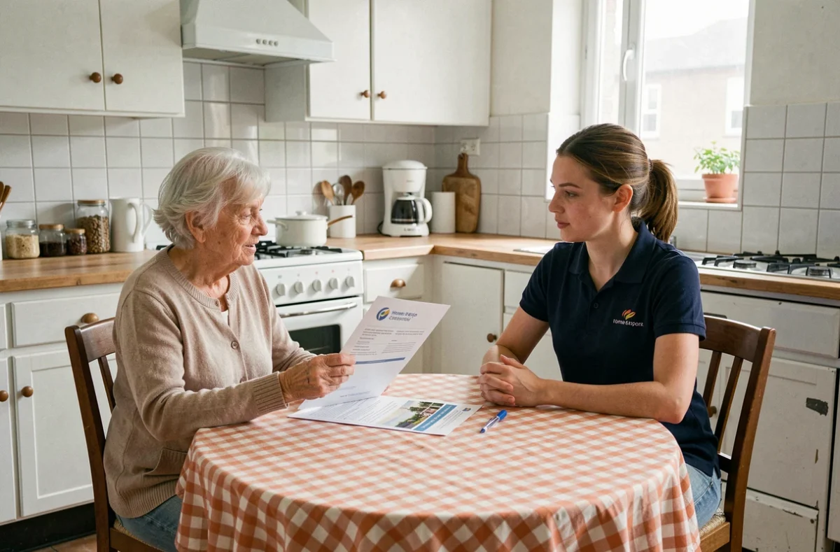 Une coordinatrice d'aide ménagère présente une offre de services à une dame âgée dans sa cuisine à Roubaix