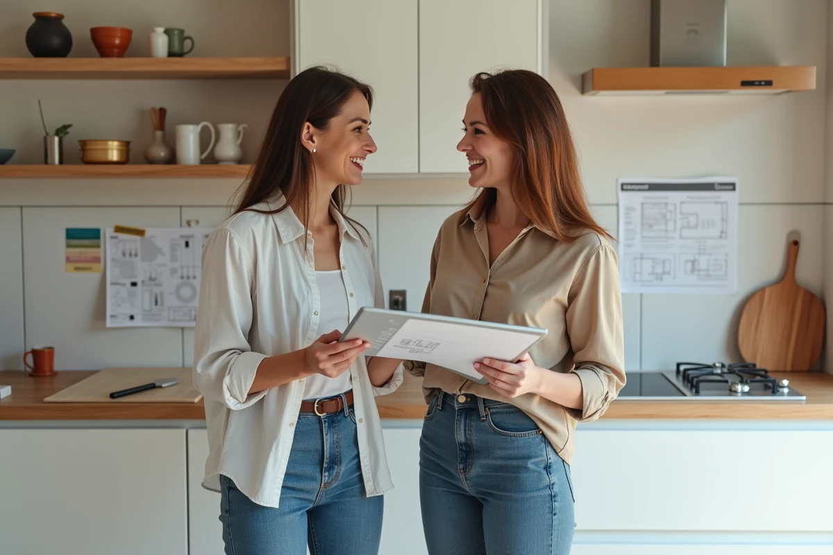 Architecte d'intérieur et particulier collaborant sur un projet de rénovation de cuisine alliant conseils professionnels et bricolage