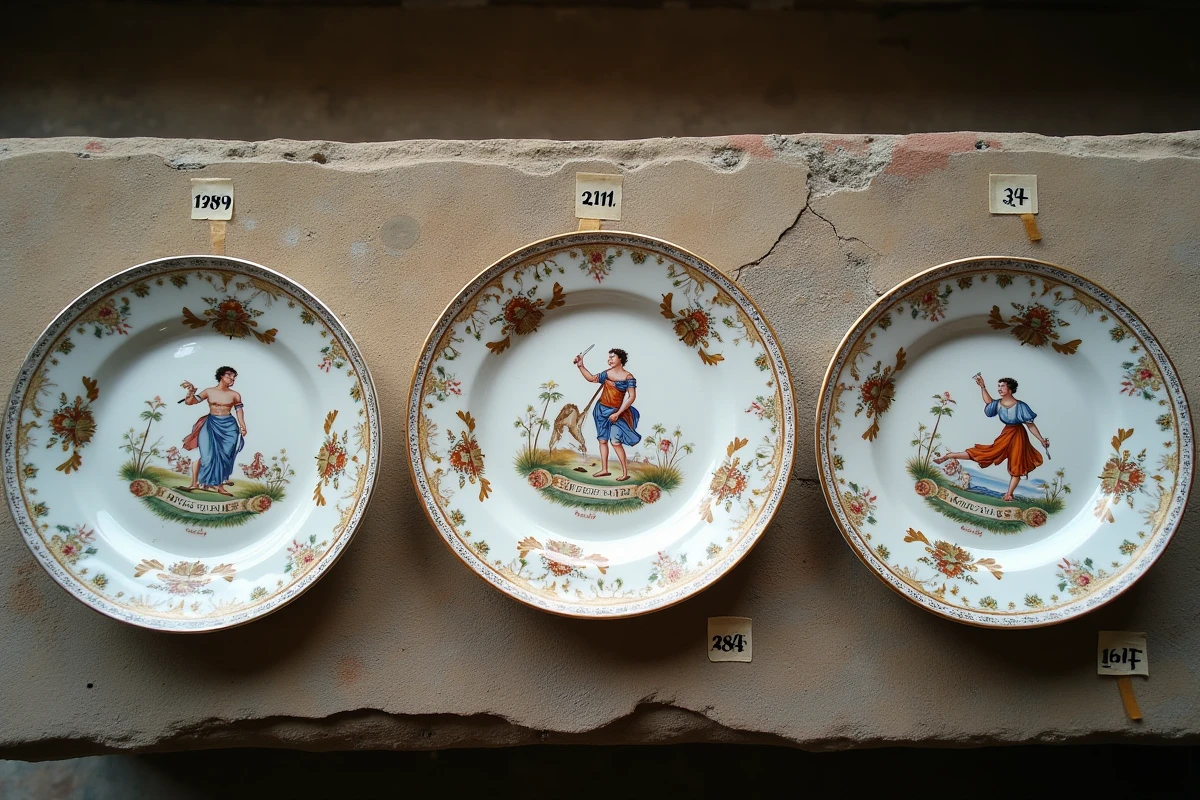 Vue aérienne de trois assiettes de Moustiers en faïence polychrome avec étiquettes de vente aux enchères, posées sur une surface en pierre dans une salle des ventes