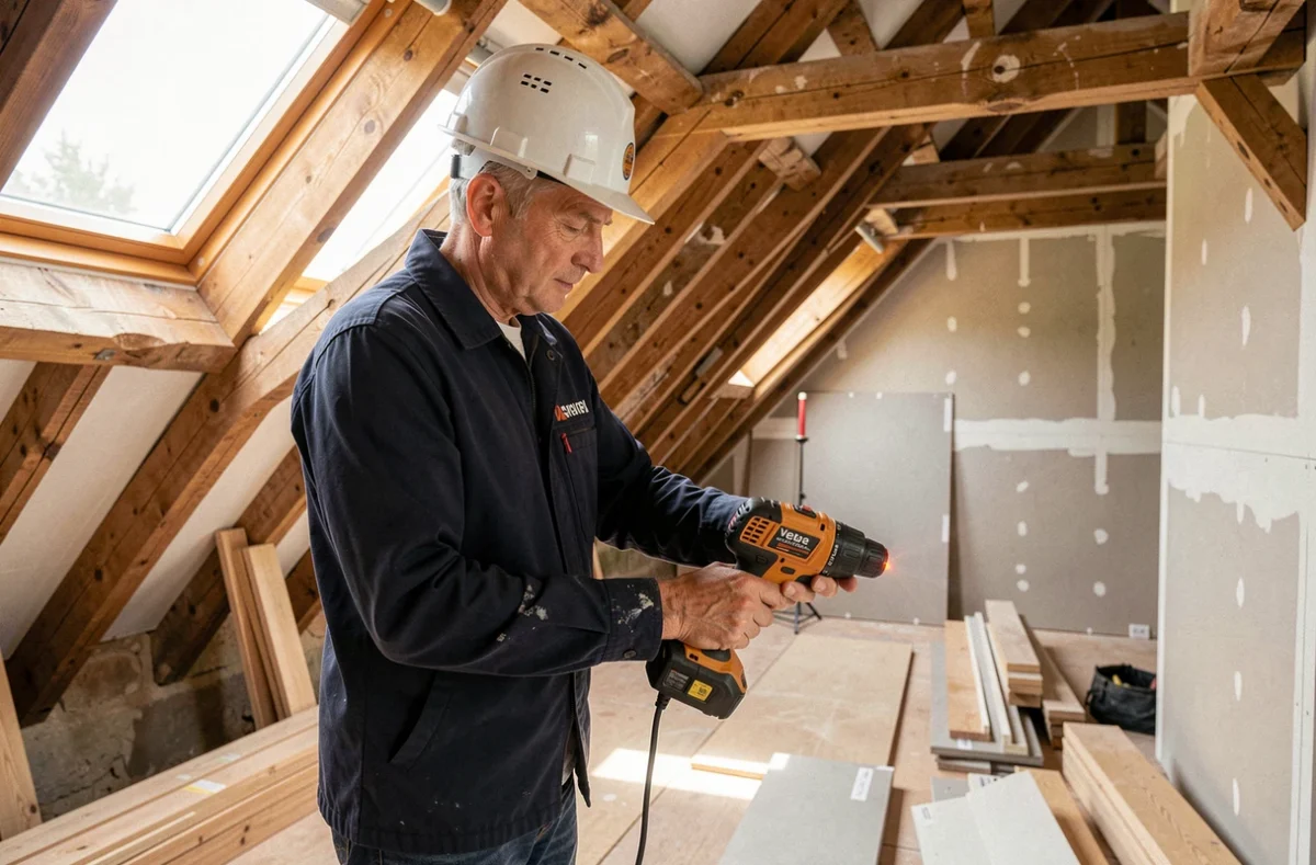 Spécialiste Combles d'Oc Aménagement mesurant les charpentes dans des combles en cours d'aménagement dans une maison provençale