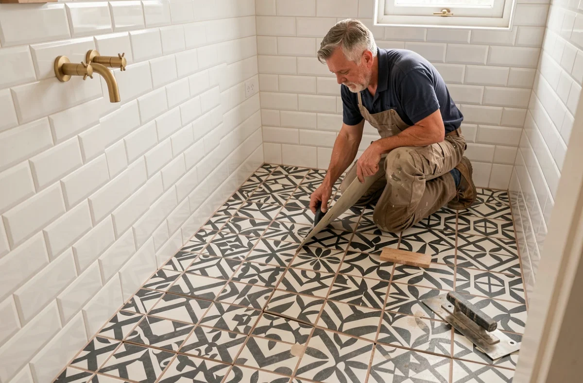 Carreleur posant un carrelage géométrique au sol dans une salle de bain rénovée dans le Morbihan à Marzan