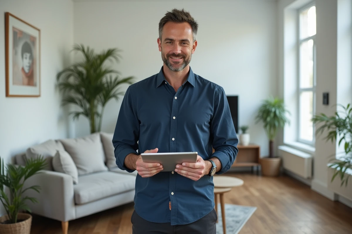 Homme consultant une interface de comparaison d'assurance habitation sur une tablette dans son salon